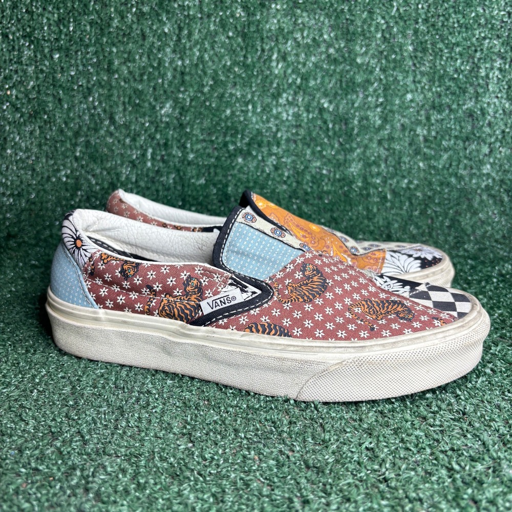 Vans Classic Slip-On Tiger Patchwork Floral Boho Skate Shoes Multi Womens Sz 6.5